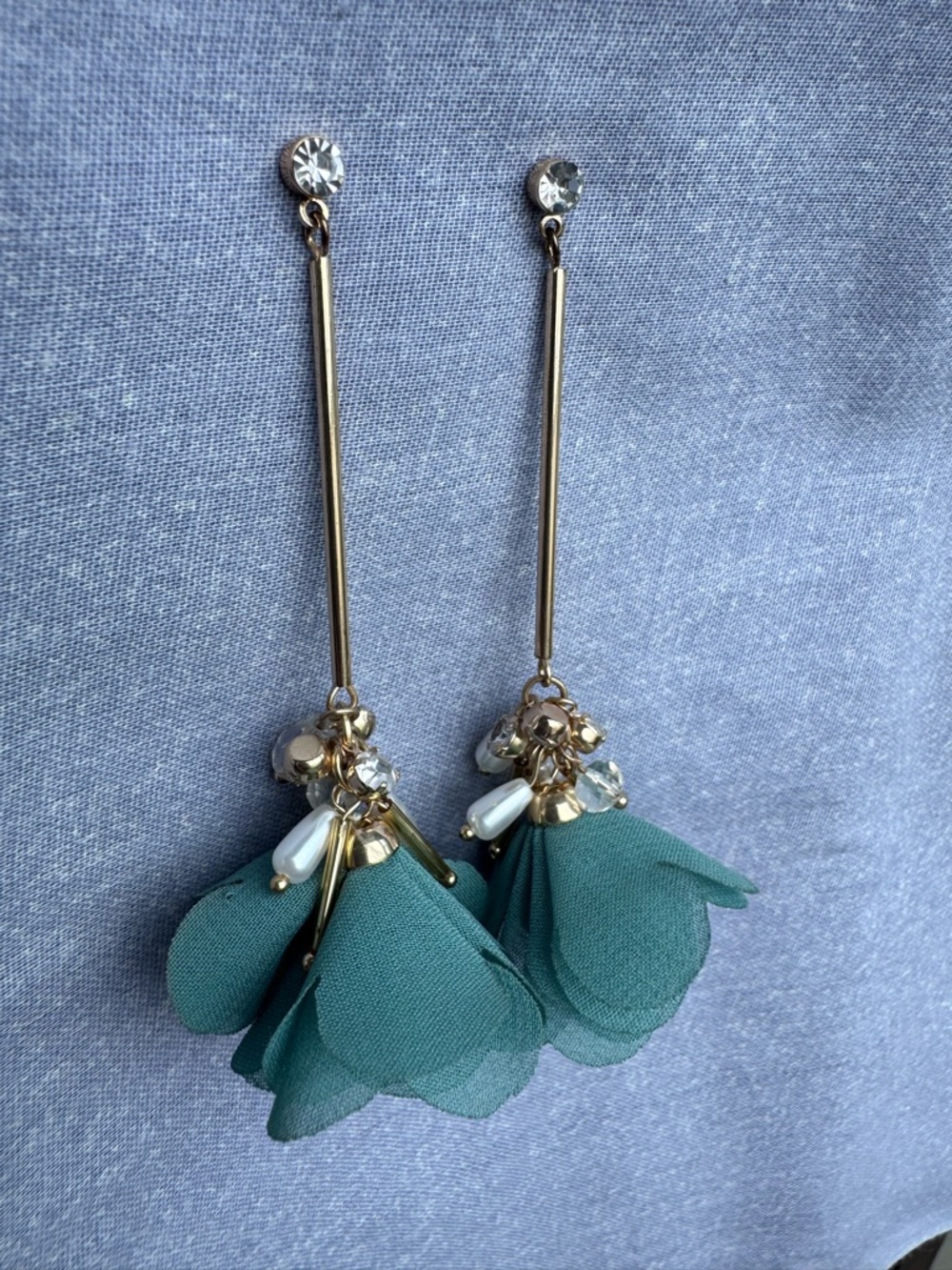 Drop Earrings with Teal Fabric Petals and beading